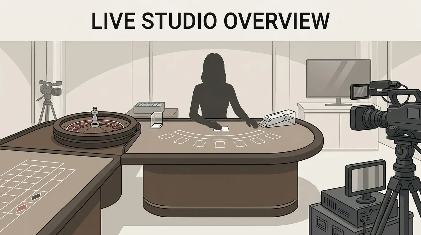 Conceptual live dealer studio with generic cards, roulette wheel and table layout