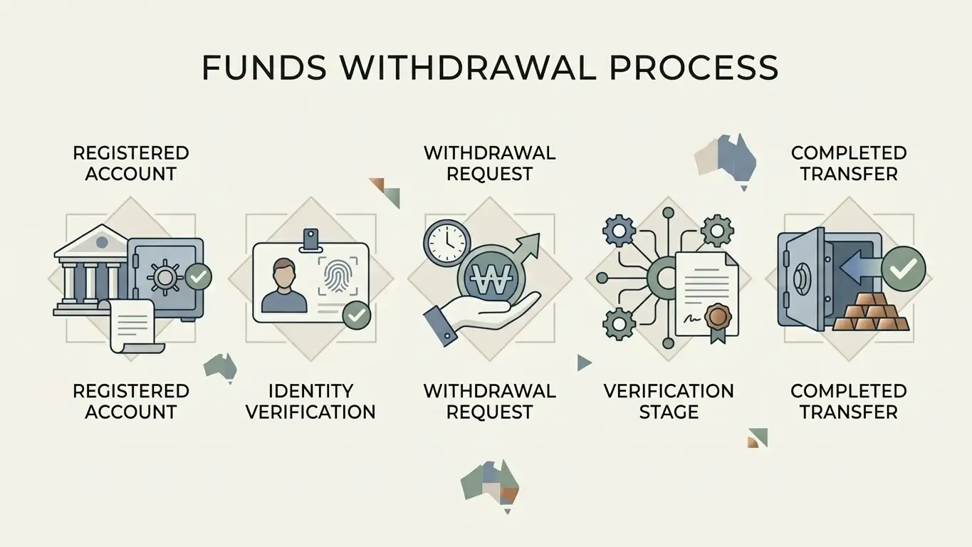 Editorial cashout checklist showing a bank account, identity check and staged withdrawal process